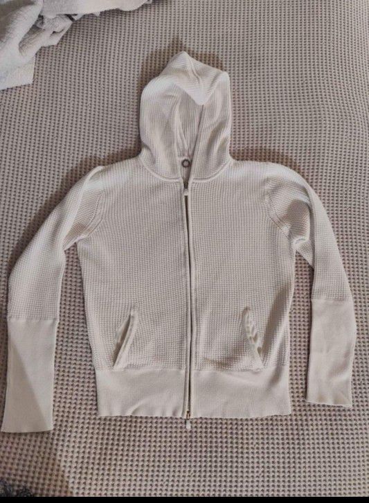 One Girl Who..White Waffle Knit Zip Hoodie/Sweater! Women's Size L. Fits like S/M.