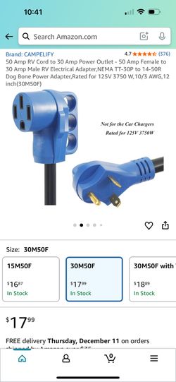 50 Amp RV Cord to 30 Amp Power Outlet - 50 Amp Female to 30 Amp Male RV Electrical Adapter, NEMA TT-30P to 14-50R Dog Bone Power Adapter, Rated for 12