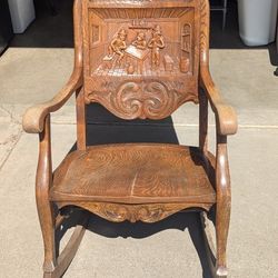 1910 German Hand-Carved Oak Rocking Chair 