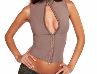 Mocha mesh mock neck sleeveless top with silver hook & eye closure down centre front that can be fully or partially closed for a keyhole effect Fully 