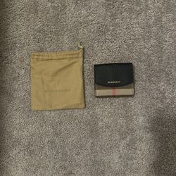 Burberry Luna Black Grained Leather House Check Canvas Coin Pouch Snap Wallet