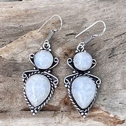 Natural Rainbow Moonstone Sterling Silver 1.7” Gemstone Earrings