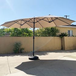 (NEW) $130 Large Double Sided Outdoor (15ft Umbrella and 65lbs Plastic Base set) Beige color