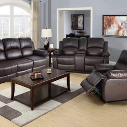 New Brown Bonded Leather Reclining Three Piece Sofa Set