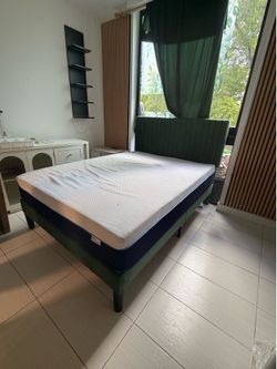 Queen Bed Frame with Velvet Upholstered Headboard + Queen Mattress