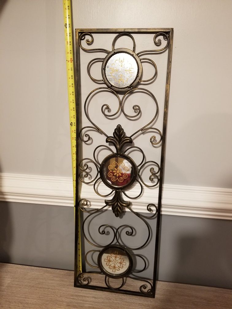 Metal wall art; brown and black w/ 3 circular mirrors- $20