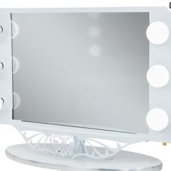 White Vanity Girl Starlet Lighted Vanity Mirror with Optic Glass and 6 Cosmetic Light Bulbs Around Frame
