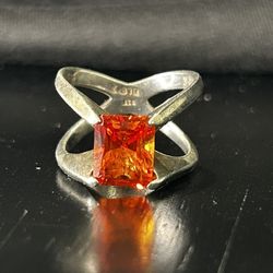 Vintage Ring Size 7.5 Silver 925 Sunset Topaz Emerald Diamond Cut BLB