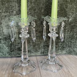 (2) 6” Mikasa Crystal Candlesticks With Scalloped Bobeche Dangling Crystals - Home Decor 