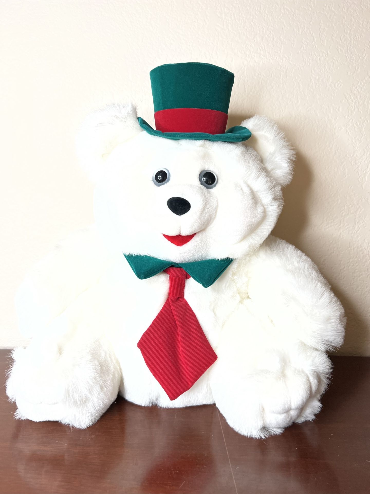DanDee White Teddy Bear Plush Stuffed Animal 16” Green Red Top Hat Tie Christmas