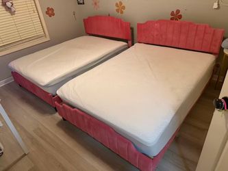 2 pink full size bed frame, and mattress