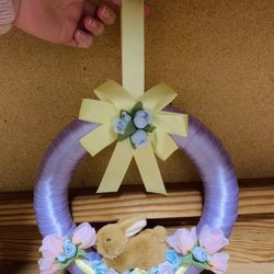 Easter wreath. Medium size for indoor decor room decoration for Easter Hunt. Fabric Ribbon, Baby Buny, Cute chick family🐥 with fabric flowers 🌸