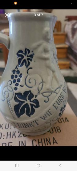 Blue and White Ceramic Pitcher with Grape Motif