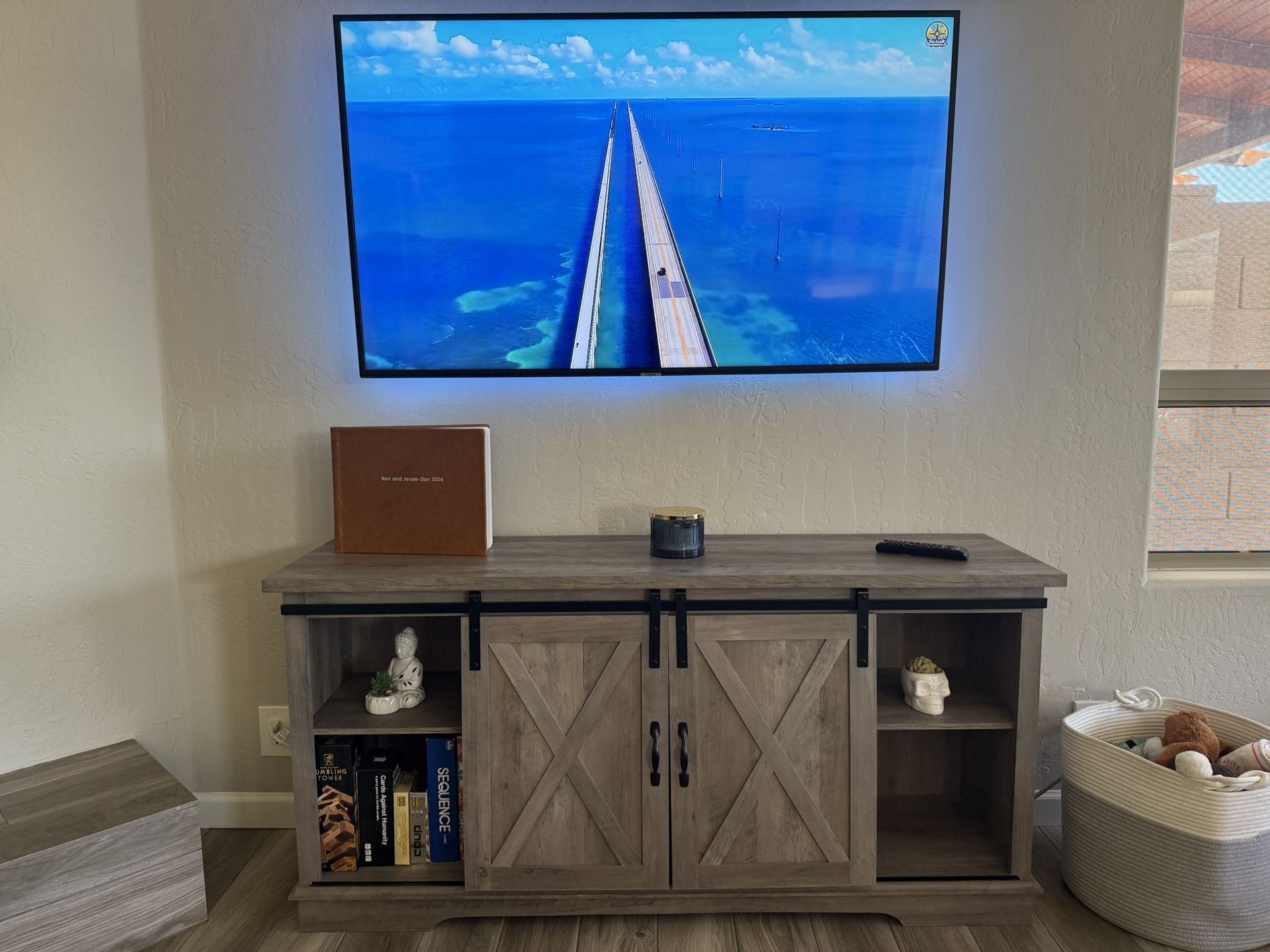 IDEALHOUSE Farmhouse Tv Stand for 65 Inch TVs, Entertainment Center with Sliding Barn Doors and Adjustable Shelf, Modern Storage Media TV Console