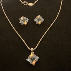16” SilverTone Crystal Necklace Set With Matching Clip On Earrings And Beautiful Sparkly,by CH