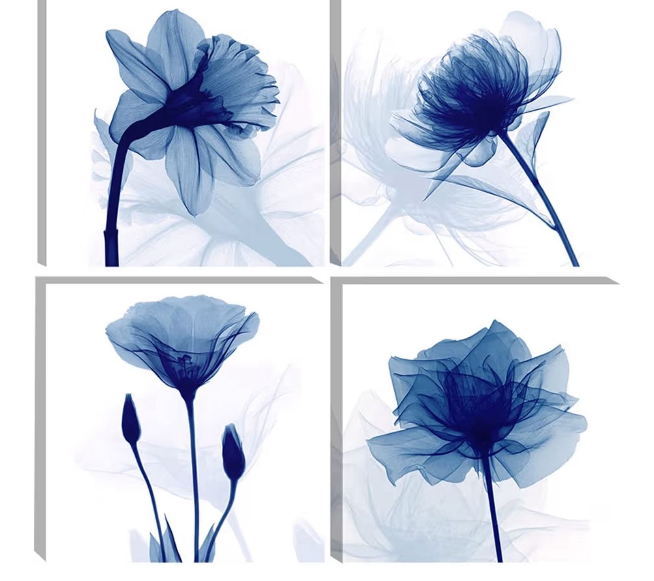 Pyradecor Large Blue Flickering Flower Modern Abstract Paintings Canvas Wall Art Gallery Wrapped Grace Floral Pictures on Canvas Prints 4 Panels Artwo