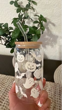 Halloween Glass Can Cup with Bamboo Lid and Straw✨new✨