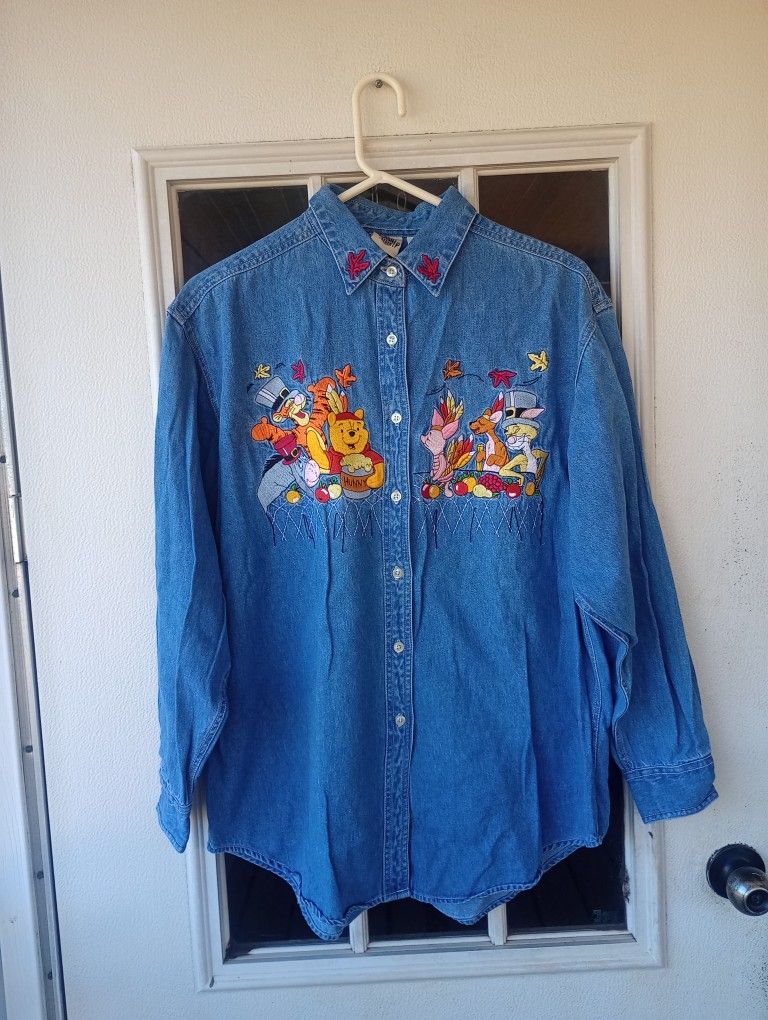 Vintage Rare The Disney Catalog Winnie The Pooh Denim Shirt Sz Large Women's 