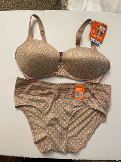 Women’s Light Champagne Beige Polka Dot Bra and Panty Set, Warners Elements of Bliss Wire Free Lift 36C, and Lace Hipster Panty Size L/7 (Prevents Muf