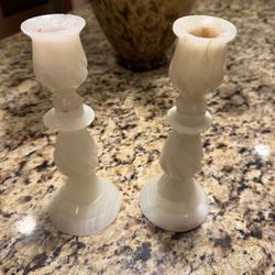 Pair of Vintage White Onyx Taper Candlestick Holders