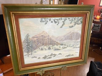 Framed Winter Mountain Snowy Landscape Oil Painting  26” x32”