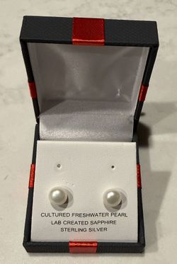 Cultured Freshwater Pearl Stud Lab Created Sapphire Earrings Sterling Silver