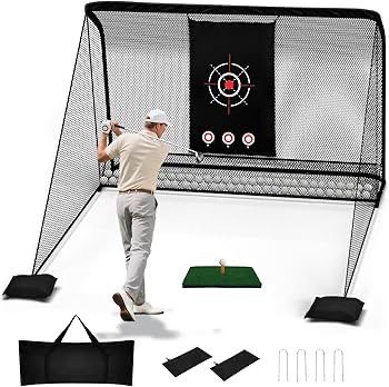10x7FT Golf Practice Net with 2 Side Nets - Easy Set Up Backyard Driving Range, Heavy-Duty Steel Frame & Low-Noise Target, Perfect for Indoor/Outdoor 
