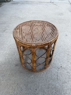 Vintage Rattan Side Table, Round Boho Accent Table, Cane Top + Removable Bronze Top