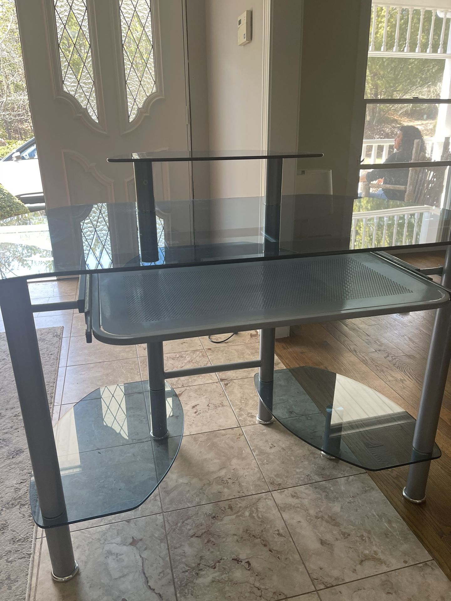 Blue Glass Desk 2 Tier With Pull Out For Keypad