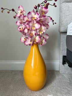 Yellow Flower Vase with Gorgeous Pink Faux Flowers