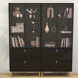 Black Shelf, Cabinet, Book Case With Drawer And Glass Door