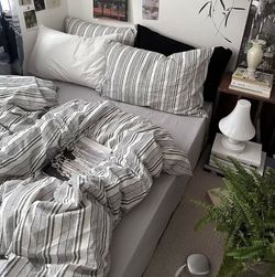 MKXI Full Size Charcoal Grey & White Striped Duvet Cover Set - 3 Piece Modern Washed Cotton Bedding, Soft Breathable Comforter Cover with Zipper Closu
