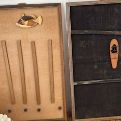 Pair of two vintage wall hanging wooden mosaic and crafted original wall, art century modern era, art artist