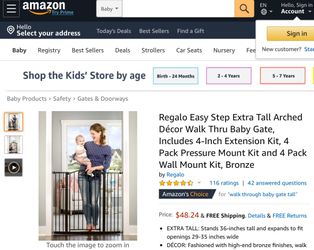 Regalo Easy Step Extra Tall Arched Décor Walk Thru Baby Gate, Includes 4-Inch Extension Kit, 4 Pack Pressure Mount Kit and 4 Pack Wall Mount Kit, Bro