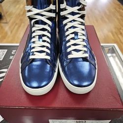 NIB Bally Eticon 103 Blue Metallic Leather High Top Sneakers Sz 8. 