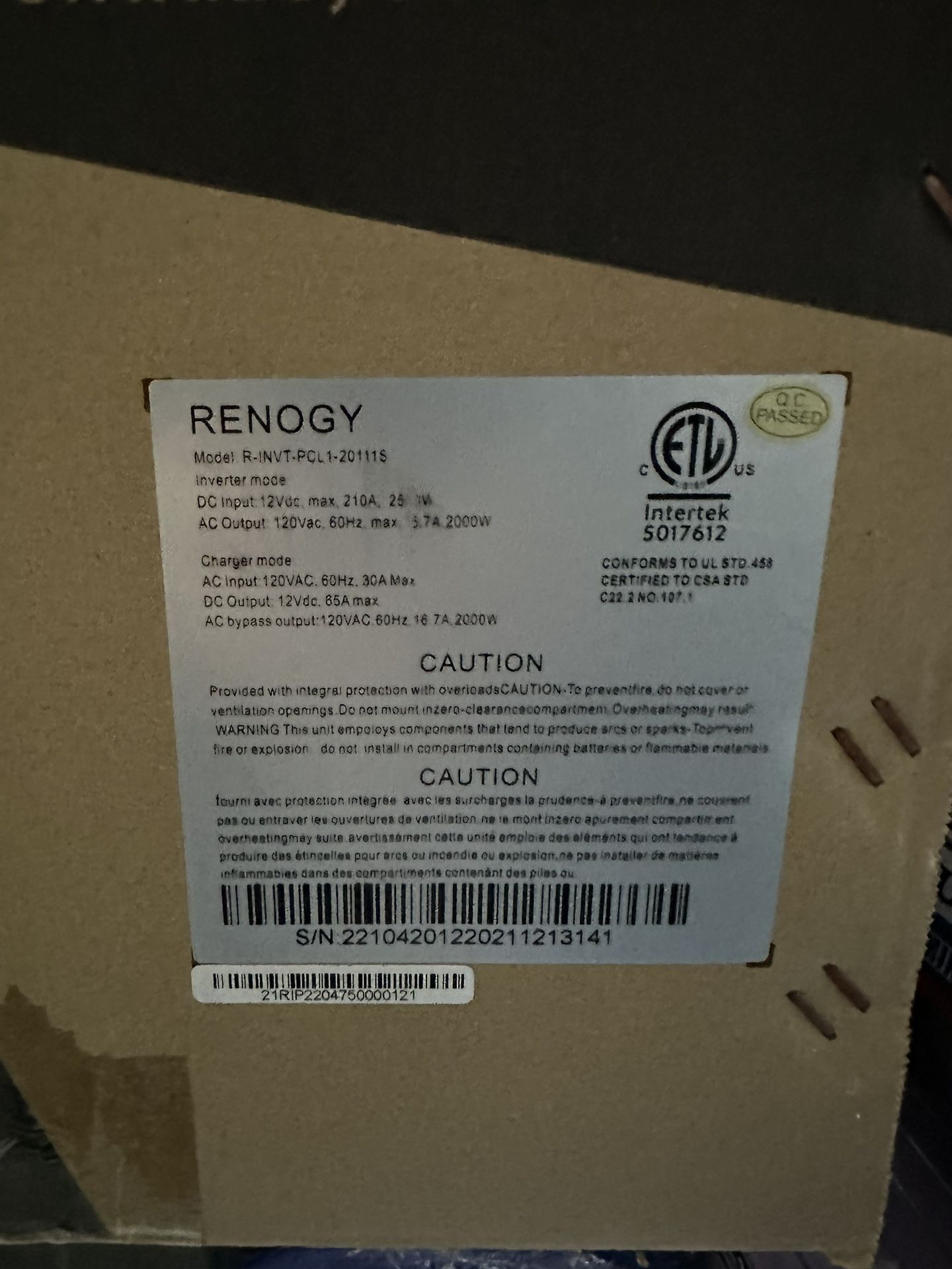 Renogy 2000W 12V Pure Sine Wave Inverter Charger – open box never used