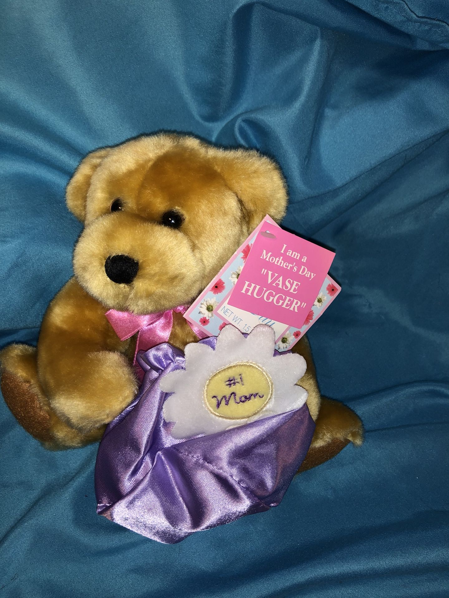 Teddy Bear #1 Mom plush vase hugger doll (NWT) purple and pink with daisy flower