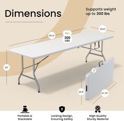  8 Feet Foldable Table with Built in Handle & Steel Legs | Heavy Duty Portable |