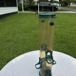 Green Plastic Tube-Style Bird Feeder With Multiple Perches