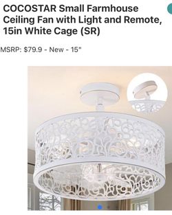 COCOSTAR Small Farmhouse Ceiling Fan with Light and Remote, 15in White Cage (SR) MSRP: $79.9 - New - 15"
