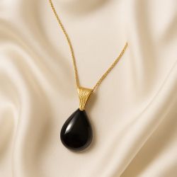 Vintage USA 1970s Statement Black And Gold Teardrop Pendant Necklace, 18”