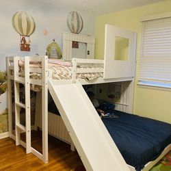 Harper & Bright Designs House Bunk Beds with Slide, Wood Twin Over Full Bunk Beds with Roof and Guard Rail for Kids, Toddlers, No Box Spring Needed