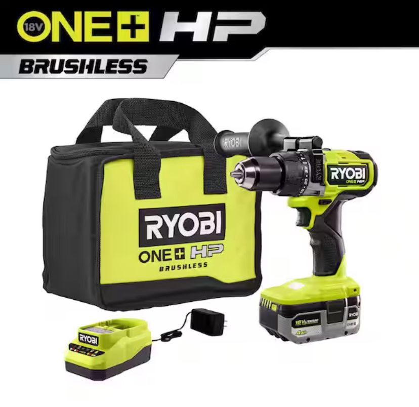 RYOBI ONE+ HP 18V Brushless Cordless 1/2 in. Hammer Drill Kit with (1) 4.0 Ah High Performance Battery, Charger, and Tool Bag