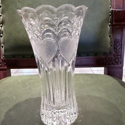 Art Glass Leaded Crystal Vase Frosted Hearts Ribbed Draped Scallops France