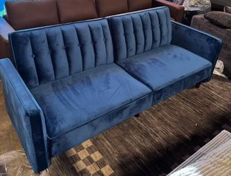 Mid-Century Modern Velvet Futon Sleeper Sofa Bed, Blue $300