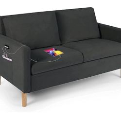 Fabric Loveseat Sofa with 2 USB Charging Ports, Suitable for Small Space Couch, Bedroom Living Room Small Apartment Sofa, Dark Gray