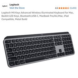 Logitech MX Keys Advanced Wireless Illuminated Keyboard for Mac, Backlit LED Keys, Bluetooth,USB-C, MacBook Pro/Air,iMac, iPad Compatible, Metal Build