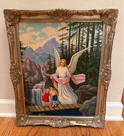 Vintage Ornate Gold Framed Painting of the iconic "Guardian Angel"