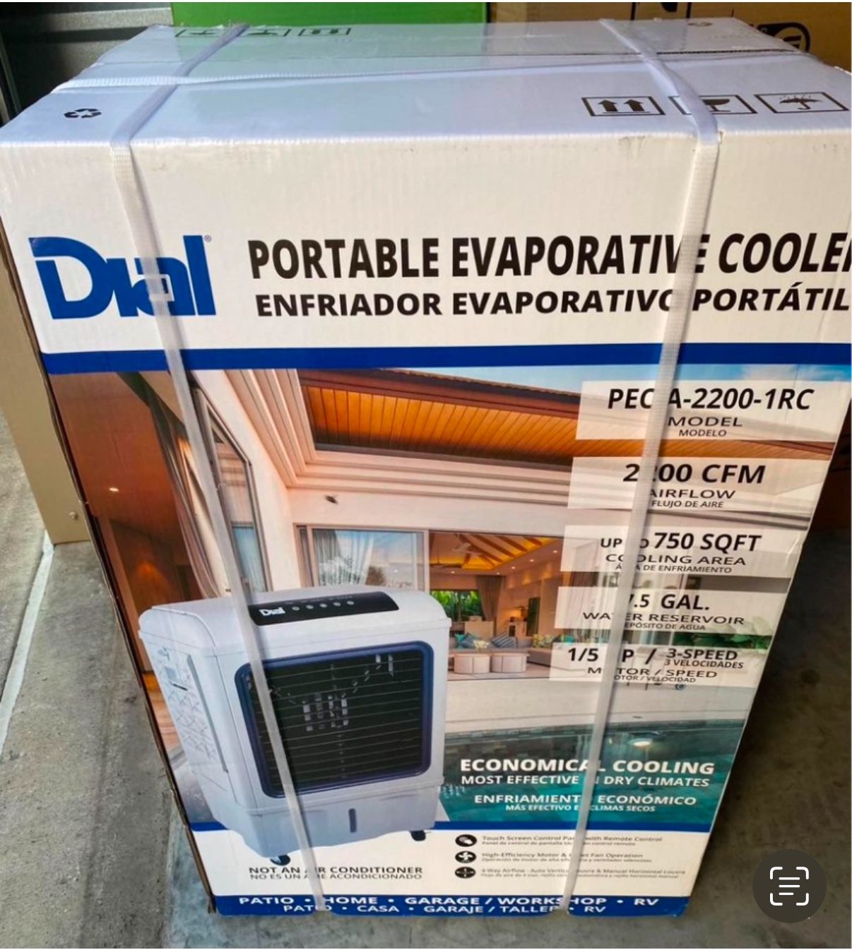 Dial Manufacturing Indoor Outdoor Portable Evaporative Cooler 2200 CFM 750 Sq Ft New In Box