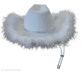 6x White Feather Trim Cowboy Hat with Rhinestone Band